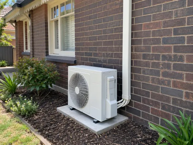 Outdoor air conditioner unit on a concrete pad beside a brick home wall with pipe cover in Parkside