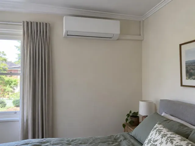 Wall-mounted split system above a bed in a cream bedroom with curtains and framed art in Parkside